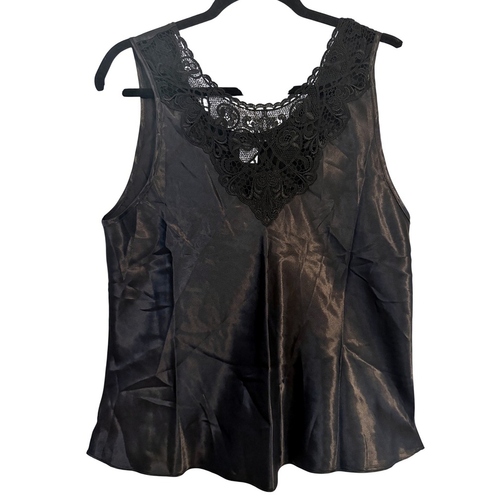 Cinema‎ Etoile Black Satin Lace Trim Romantic Goth Tank Top Large Silky Camisole